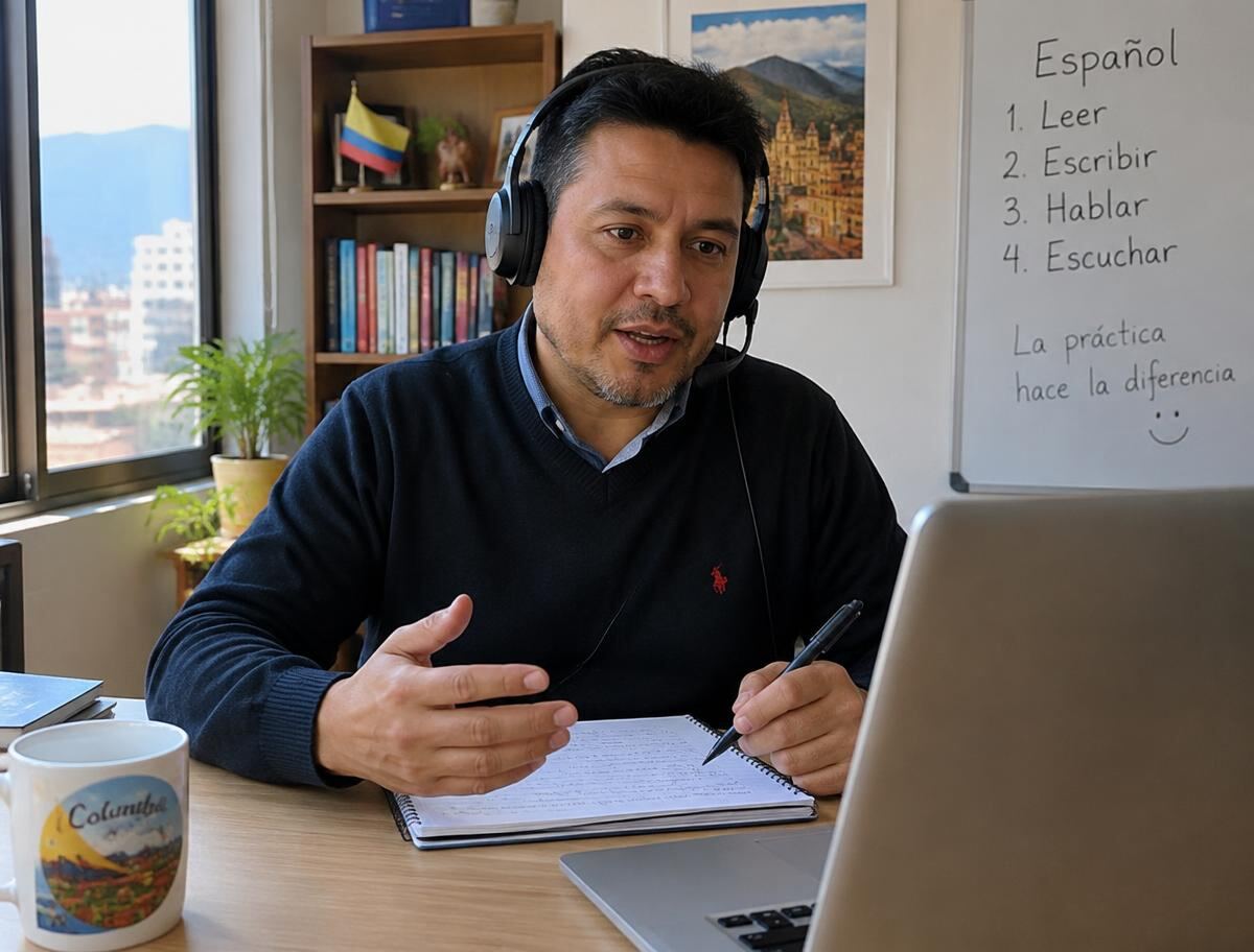 Docente dando una clase en vivo desde su portátil