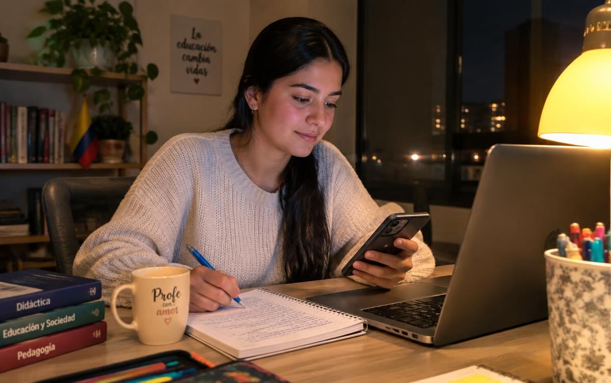 Docente estudiando en casa con portátil y celular