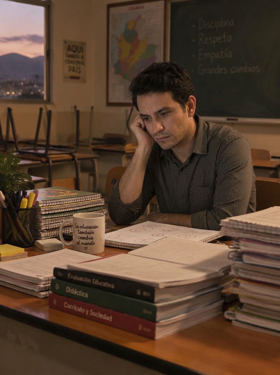 Profesor joven, pensativo y cansado, frente a pilas de cuadernos y libros en un salón vacío